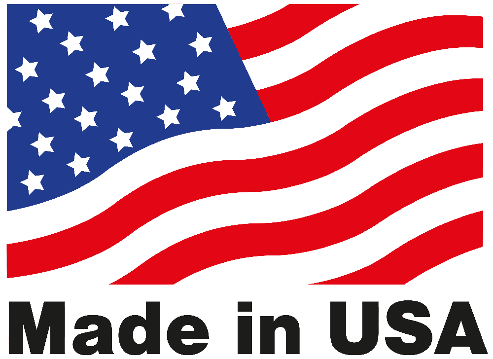 Made in USA badge featuring a waving American flag graphic.